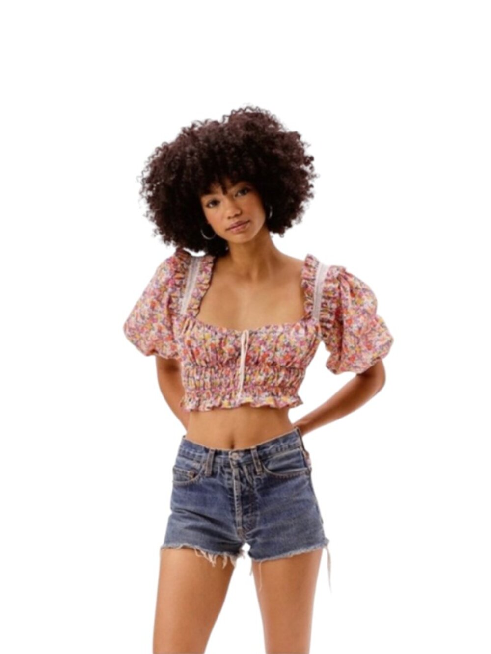 For Love & Lemons Libby Crop Top Shirt Womens Small Blue Pink Floral Cotton
